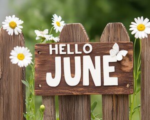 Hello June Background Banner. Rustic Wooden Sign Greeting June with Flowers and Green Background