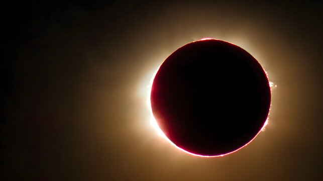 eclipse solar total, fotograf&iacute;a con poca luz, la corona es visible alrededor del sol con un c&iacute;rculo negro, son visibles las perlas de baily