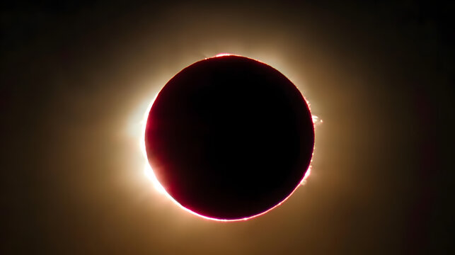 eclipse solar total, fotograf&iacute;a con poca luz, la corona es visible alrededor del sol con un c&iacute;rculo negro, son visibles las perlas de baily