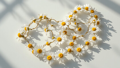 Daisy chain draped on white surface, bohemian and carefree, soft shadows
