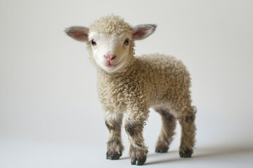 Obraz premium Standing Lamb with Fluffy Wool Looking at Camera in Studio Lighting