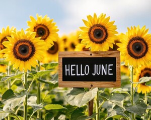 Hello June Background Banner. Bright Sunflower Field with Sign Saying Hello June in Summer Sunlight