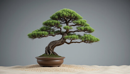 Bonsai tree - Ancient Japanese pine bonsai on neutral gray, zen composition, raked sand texture below