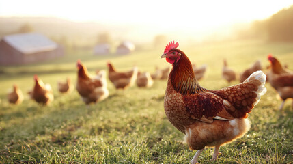 Fototapeta premium An artistic capture of free-range chickens in a dewy meadow at dawn, background hills fading into fog, faint outlines of barns and trees