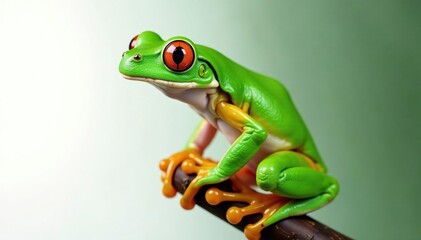 Naklejka premium Green tree frog perched on white, vibrant skin, macro photography, amphibian