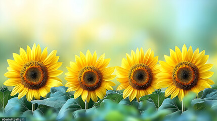 Obraz premium Four Bright Yellow Sunflowers in a Green Field