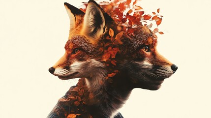 Artistic double exposure of fox with foliage.