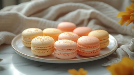 Obraz premium Assorted Macarons in Pastel Colors on White Plate with Floral Decoration