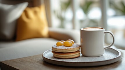 Cozy breakfast scene with coffee cup and pancakes for food blog inspiration