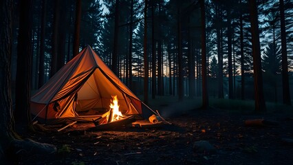 Glowing tent and campfire set in a tranquil forest at night, perfect scene for camping adventure relaxation.  