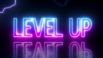 A neon "Level Up" sign glowing in vibrant purple and blue shades against a dark cyber-themed background, representing gaming progress, achievement, and modern digital art for esports visuals. - Powered by Adobe