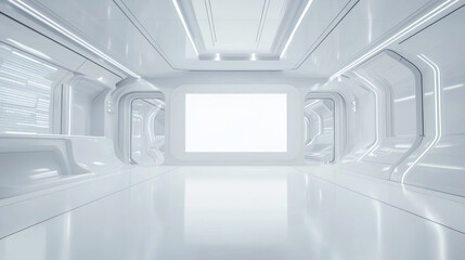 A futuristic, white, and minimalistic interior resembling high tech spaceship or laboratory, with sleek walls, bright lighting, and large
