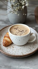 Morning indulgence with fresh croissant and coffee in elegant setup perfect for food advertising and inspiration for breakfast lovers