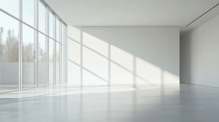 Fototapeta premium A bright, minimalistic empty room with large floor to ceiling windows allowing natural light to flood space, creating serene and open atmosphere