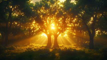 Golden Sunlight Streaming Through Twin Oak Trees in a Misty Forest