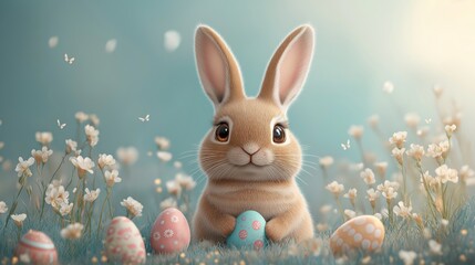 Whimsical easter bunny surrounded by colorful eggs and spring flowers for festive celebration design