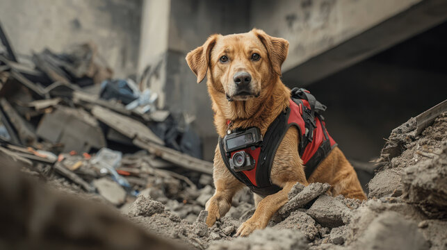 A heroic rescue dog searches through earthquake rubble, showcasing bravery and determination in critical mission to save lives