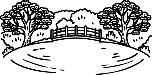 Fototapeta premium Scenic landscape with a bridge, trees and grassy field in nature illustration
