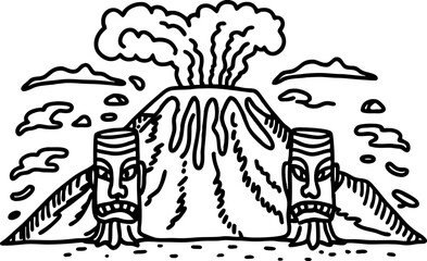 Fototapeta premium volcano eruption with tiki masks erupting lava, clouds, tribal art, nature illustration