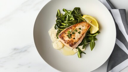 Grilled fish fillet on a bed of greens with lemon wedge and sauce