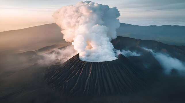 Aerial View Of Active Volcano Erupting With Smoke And Clouds - Powered by Adobe