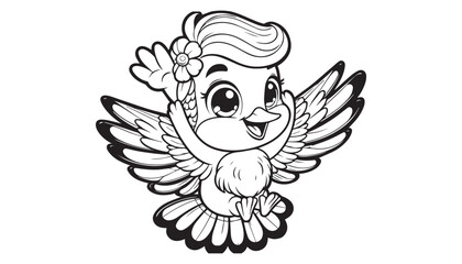 Vector illustration of cartoon bird waving wing greeting black and white drawing For children to learn to color according to the picture