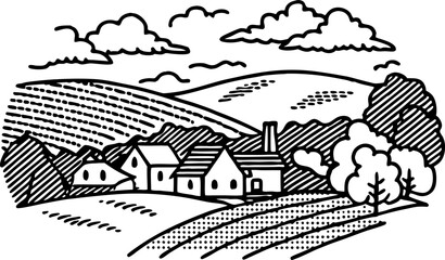 Obraz premium Rustic countryside landscape, quaint village with fields and rolling hills under a cloudy sky