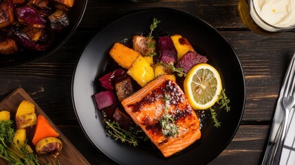Grilled salmon with roasted vegetables and lemon garnish on a dark wooden table