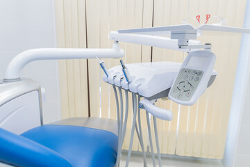 Dentist's workplace. Dentist's office. Dental medical instruments close-up. Dentist's instruments.