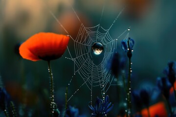 A dewdrop on a spiderweb reflects a vibrant poppy and blue flowers in a serene field.