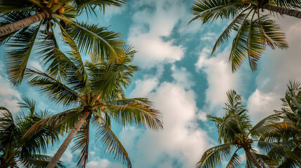 Fototapeta premium Tropical coconut palms frame a blue sky, promising a summer island paradise