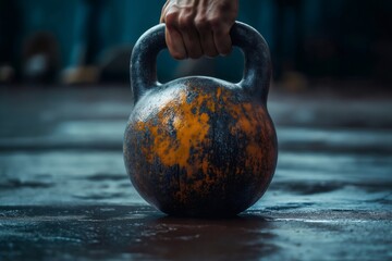 Hand firmly gripping a rusty kettlebell during a strength training workout, showing dedication and power
