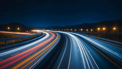 High-Speed Light Trails on Curved Highway at Night &ndash; Futuristic Motion Blur Photography for Technology, Transport, and Urban Speed Concepts