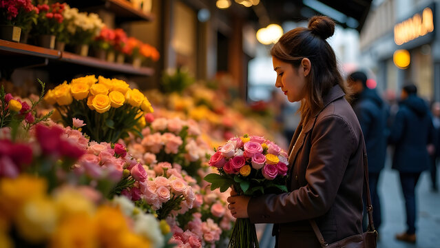A flower vendor at a bustling market offers fresh bouquets to a customer. The stand is filled with colorful blooms, creating a vibrant scene. - Powered by Adobe