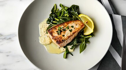 Grilled salmon with spinach and lemon on marble table in highresolution sequence