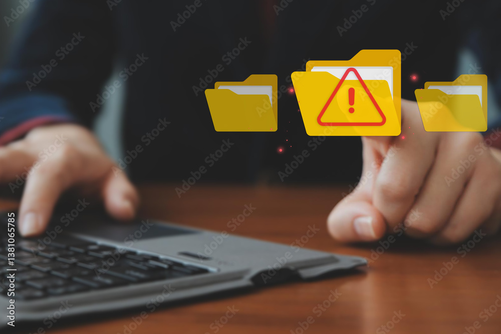 Poster cybersecurity alert with digital file folder. hand interacting with a cybersecurity alert symbol. vi
