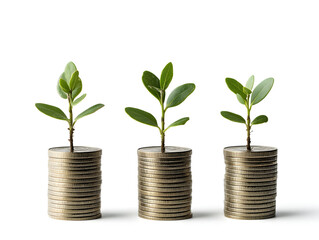 Three Stacks of Coins with Growing Plants Symbolizing Financial Growth