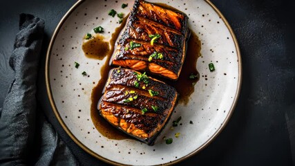 Grilled salmon glazing with herb garnish drizzle on elegant plate - Powered by Adobe