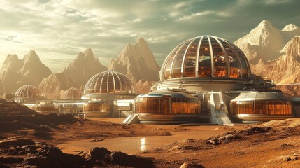 Martian habitat domes nestled amidst a rugged landscape, bathed in golden sunlight