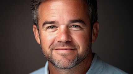 Fototapeta premium A welcoming portrait of a mature man with a friendly smile, radiating warmth and approachability, embodying confidence and life's experiences captured in his eyes.