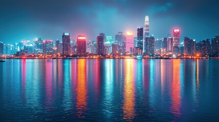Fototapeta premium Night Cityscape Reflection: Vibrant Urban Panorama at Night