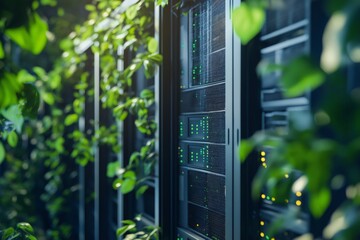 Server racks surrounded by plants in a sustainable data center, blending technology with nature