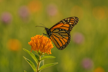 Obraz premium Monarch Butterfly Perched on Orange Milkweed Flower in Natural Light