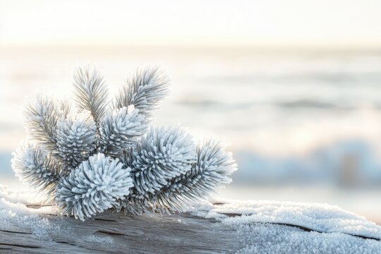 Frost-covered pine branch rests on a snow-dusted log against a blurred winter seascape.