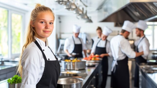 Young chef in a professional kitchen setting, surrounded by colleagues.  A bright, fresh atmosphere, focused on culinary skills