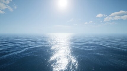 Obraz premium A clear blue sky over a calm ocean, with gentle ripples reflecting the bright sunlight. The sky is endless and bright, with only a few light clouds near the horizon.