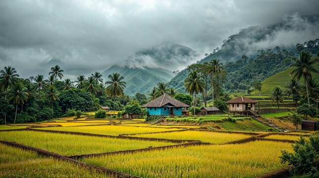 Typical Indian style home amidst paddy fields, mountains & waterfall during monsoon season in coastal or mountainous region of India. Image created through AI