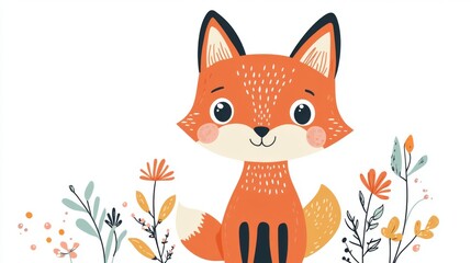 Obraz premium Cute fox surrounded by floral elements for children’s room decor