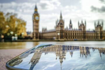 Fototapeta premium Reflections of historic architecture near the river with Big Ben in the background
