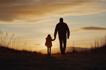 Father and Daughter Walking at Sunset Holding Hands in Silhouette